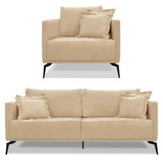 Imagem de Kit Poltrona E Sofá Living 2 Lugares 1,60M Sirius Linho Dourado Pés Me