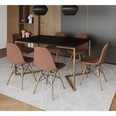 Imagem de Mesa Industrial Retangular Preta Base V Dourada 137x90cm com 6 Cadeiras Estofadas Caramelo Madeira