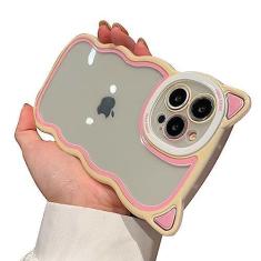 Imagem de Cutecasee Capa de telefone compatível com iPhone para mulheres/meninas, fofa, cor doce, orelhas de gato, onduladas, onduladas, antiarranhões, à prova de choque, capa macia para iPhone 14, rosa-amarelo