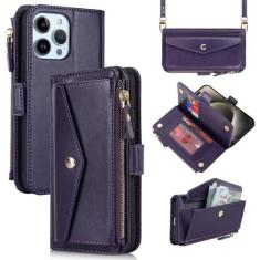 Imagem de Jaorty Capa carteira para iPhone 15 Pro Max com cordão transversal para mulheres e homens, bolsa com zíper, bolso para moedas, capa de celular com porta-cartões, capa de couro PU para iPhone 15 Pro