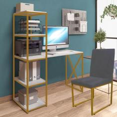 Imagem de Kit Escritório Mesa Max BeX 5 Prateleiras e Cadeira Stan Dourado Tampo Branco Suede Cinza - Ahz Móveis