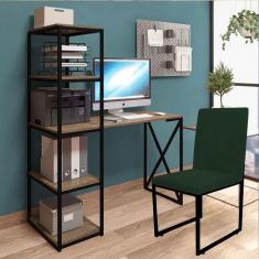 Imagem de Kit Escritório Mesa Max BeX 5 Prateleiras e Cadeira Stan Preto Tampo Castanho Suede Verde Musgo - Ahz Móveis