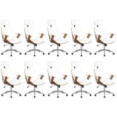 Imagem de Kit 10 Cadeiras de Escritório Presidente Giratória com Apoia Cabeça Office Lisboa Branco/Marrom