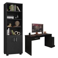 Imagem de Mesa Para Computador Gamer Drx 9000 E Livreiro Office Com Portas Pequenas Preto Trama - Móveis Leão