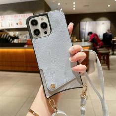 Imagem de Capa de telefone tipo carteira crossbody para iPhone 15 14 Plus 13 12 11 Pro Max Capa de couro com suporte para cartão, cordão de ombro, alça de corda, azul cinza, para iPhone 13Pro Max