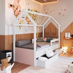 Imagem de Cama Montessori Infantil tipo Cabana com 2 Gavetas Branco Rosa - Compl