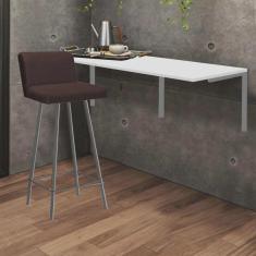Imagem de Kit Mesa Suspensa de Parede Fixa mdf Branco + 1 Banqueta Lexi Ferro Prata Sintético Marrom - Ahazzo Móveis