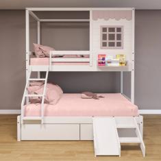 Imagem de Beliche Casinha Reta Casal/ Solteiro Com 02 Gavetas E Escorregador Madeira Maciça Branco/ Rosa Housin