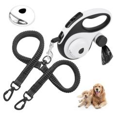 Imagem de Coleira retrátil dupla para 2 cães grandes (até 50 kg cada) - Coleira extensível para animais de estimação de 4,9 m de cabeça dupla com sacos para cocô e luz de LED, quebra e trava de um botão, sem
