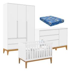 Imagem de Quarto de Bebê Nature Clean 3 Portas com Berço Unique Branco Soft Eco Wood e Colchão Ortobom - Matic