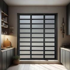 Imagem de Porta de Correr com Travessas 3 Folhas Moveis Sequenciais 210 X 150 Elite com Fecho Automático Vidro Preto