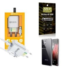 Imagem de Kit Carregador Turbo + Capinha Samsung S21 Ultra + Película 3D - Hrebo