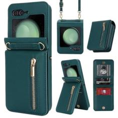 Imagem de Carteira crossbody com zíper e porta-cartão capa de telefone para Samsung Galaxy Z Flip 6 5 4 3 Flip6 Flip5 Flip4 Flip3 5G capa de couro, verde escuro, para Galaxy Z Flip6
