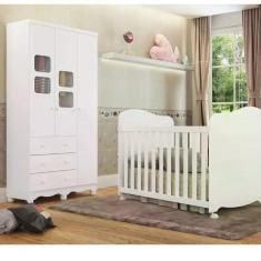 Imagem de Quarto de Bebê com Guarda Roupa 1 Porta com Janela e Berço 100% MDF Uli  Móveis Peroba Branco Brilho