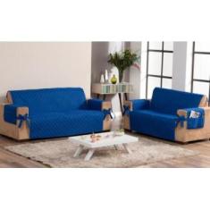 Imagem de jogo capa de sofá 2 e 3 lugares com laço e porta revista costurado azu