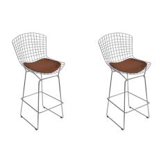 Imagem de Kit 2 Banquetas Bertoia Cromada D60 Com Assento Sintético Marrom