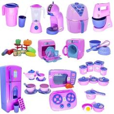Imagem de Kit cozinha infantil rosa fogão air fryer xícara jarra 51pç