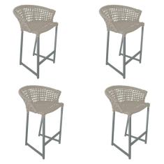 Imagem de Kit 4 Banquetas Reis Em Corda Náutica E Base Em Alumínio Cinza Para área Gourmet Externa Areia Bege