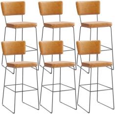 Imagem de Kit 6 Banquetas Altas Cozinha Sala Jantar Base Em Aço Fixa Allana L02 Couríssimo Whisky - Lyam Decor
