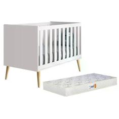 Imagem de Berço Americano Theo Branco Fosco Com Pés Madeira Natural E Colchão D18 - Reller Móveis Branco Fosco