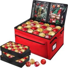 Imagem de LHMTQVK Caixa de armazenamento de enfeites de Natal premium, comporta divisórias ajustáveis de ornamentos de até 182 a 10 cm, 3 bandejas individuais com separadores, 2 bolsos superiores, bolso