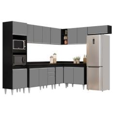 Imagem de Armário de Cozinha Modulada de Canto 8 Peças CP02 Balcão com Tampo Preto/Cinza - Lumil