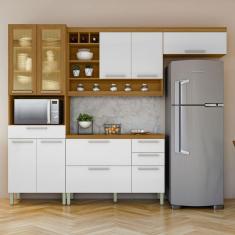 Imagem de Cozinha Completa Burguesa Premium 9 Portas 4 Gavetas com Vidro 100% Mdf Freijó/Branco - Nesher