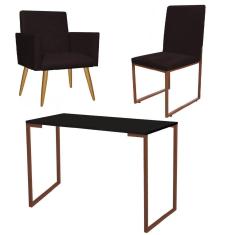 Imagem de Kit Escritório Stan Poltrona com Cadeira e Mesa Industrial Tampo Preto Bronze Suede Marrom - Ahz Móveis