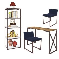Imagem de Kit Escritório Bex 2 Cadeiras Suede Azul Marinho com 1 Mesa e 1 Livreiro Ferro Marrom MDF Freijó - Ahazzo Móveis