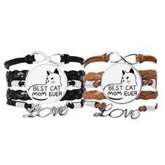 Imagem de Best Cat Mom Ever Citação DIY Design Pulseira de Mão Pulseira de Couro Corda Conjunto Duplo Presente