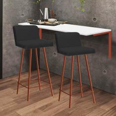 Imagem de Kit Mesa Suspensa de Parede Fixa MDF Branco + 2 Banquetas Lexi Ferro Bronze Sintético Preto - Ahazzo Móveis