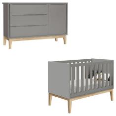 Imagem de Berço Americano E Cômoda Infantil 1 Porta Classic Cinza Com Pés Madeira Natural - Reller