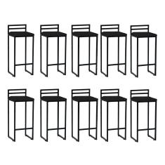 Imagem de Kit 10 Banqueta Alta Com Encosto Petra Balcão Bar Cozinha Bistrô Ferro Preto Corino Preto - Ahazzo Móveis