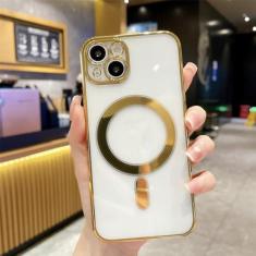 Imagem de Capa de carregamento sem fio magnética revestida de luxo para iphone 14 13 12 mini 11 pro xs max x xr 7 8 plus capa macia transparente, dourada, para iphone 12