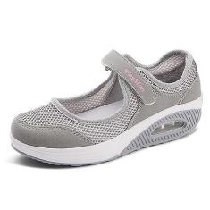 Imagem de RiceelSor Sapatos femininos de enfermeira de malha ajustável, respirável, leve, para caminhada, almofada de ar, amortecedor, fitness, amamentação ortopédica, sapatos Mary Jane, Cinza, 38