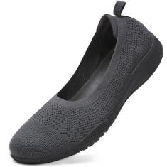 Imagem de LEDINEY Sapatilhas femininas sem cadarço para caminhada confortável tênis de tricotar salto baixo elegante tênis de balé Zapatos para mulheres, Cinza, 35