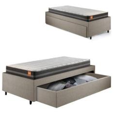 Imagem de Cama Box Solteiro com Gaveta 88x188cm Revestida em Linho Bege com Colc