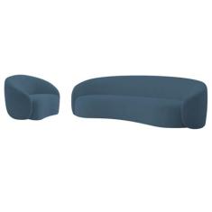 Imagem de Kit Sofá 3 Lugares 180cm e Poltrona Orgânica Luxo Recepção Amore Linho Azul Royal