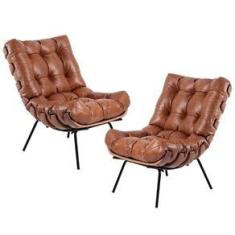 Imagem de Kit 02 Poltronas Decorativas Sala de Estar Costela L04 Couro Mel - Lyam Decor