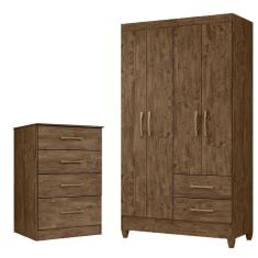 Imagem de Kit Guarda Roupa Solteiro Chile E Cômoda Ms - Castanho Wood Castanho Wood