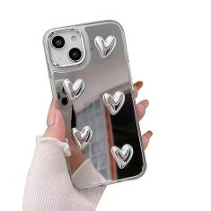 Imagem de Pretaco Capa para iPhone 14 Pro Max, [Coração prateado cromado brilhante] [Capa de telefone criativa espelhada][Coração 3D banhado com estilo] TPU macio resistente a quedas e choques para mulheres e