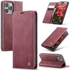Imagem de CaseMe Capa carteira para iPhone 16 Pro Max, feita à mão, retrô, durável, de couro com fecho magnético, flip antiqueda, à prova de choque, com suporte e compartimentos para cartões para iPhone 16 Pro