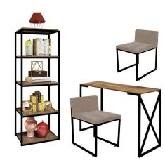 Imagem de Kit Escritório Bex 2 Cadeiras Sintético Bege com 1 Mesa e 1 Livreiro Ferro Preto MDF Caramelo - Ahazzo Móveis