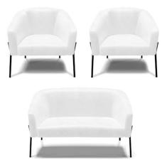 Imagem de Sofá Namoradeira e 2 Poltronas Pé de Ferro Preto Stella Corano Branco D03 - D'Rossi