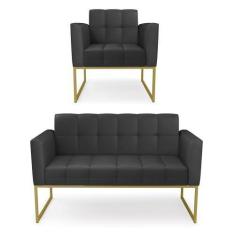 Imagem de Kit 1 Sofá Namoradeira e 1 Poltrona Elisa material sintético Preto Bas