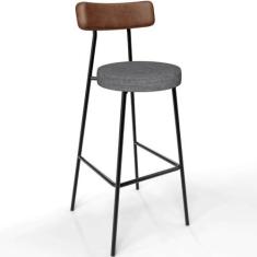 Imagem de Banqueta Alta Bar Cozinha Sala Jantar Milão L02 Couríssimo Marrom Linho Cinza Escuro - Lyam Decor