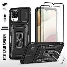 Imagem de LMDAMZ Capa resistente para Samsung Galaxy A12 (5G), camada dupla híbrida de camada militar, protetor de amortecedor de borracha com protetor de câmera deslizante, suporte giratório de 360 graus