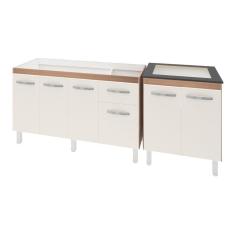 Imagem de Armário Cozinha Gabinete Pia De 140 Cm Camile Com Balcão Cooktop 4 Bocas Savana Frente OffWhite Jade