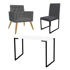 Imagem de Kit Escritório Stan Poltrona Capitonê com Cadeira e Mesa Industrial Branco Preto Tecido Sintético Cinza - Ahz Móveis