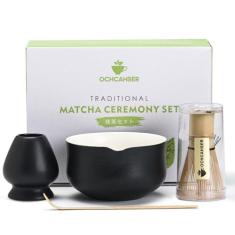 Imagem de Ochcahser Conjunto Matcha, conjunto de chá japonês inclui tigela matcha com bico, suporte para batedor matcha (chasen), batedor de bambu matcha e colher de bambu, kit matcha de cerâmica para amantes